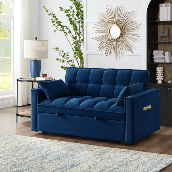 English Elm 4 Loveseat Sofa Bed with Storage Pockets & Armrests, Convertible Pull-Out Sleeper with Wheels, Tufted Comfort and Durable Frame for Small Spaces Navy W2186P166129