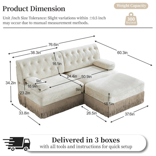English Elm L-shaped Velvet Chesterfield Sectional Sofa with Tassel Skirt and Tufted Modular Design Beige W714S01682