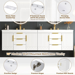 English Elm 72'' Wall Mounted Bathroom Vanity with 4 Drawers & Double Cabinets, Waterproof MDF, Smooth Slide Rails White N710SS00009K