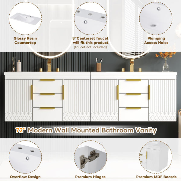 English Elm 72'' Wall Mounted Bathroom Vanity with 4 Drawers & Double Cabinets, Waterproof MDF, Smooth Slide Rails White N710SS00009K