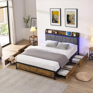 English Elm King Storage Bed Frame with USB Outlets, RGB LED Headboard, 4 Rolling Drawers & Metal Slats, Black Brown Gray W2297P291441