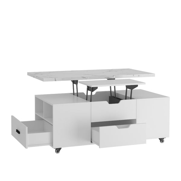 English Elm Modern Lift Top Coffee Table with Hidden Storage and Two Cushioned Stools Included W1321S00047