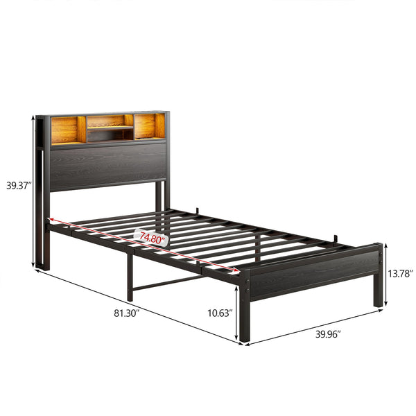 English Elm Twin Metal Platform Bed with Storage Headboard, RGB LED Lights, USB Charging, Under-Bed Space W840P201065