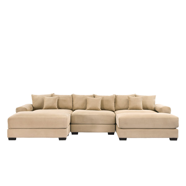 English Elm 130" Oversized Cloud Modular Sectional Couch In Plush Camel Corduroy, Ergonomic Design & Ottoman Included For Ultimate Comfort W714S01309