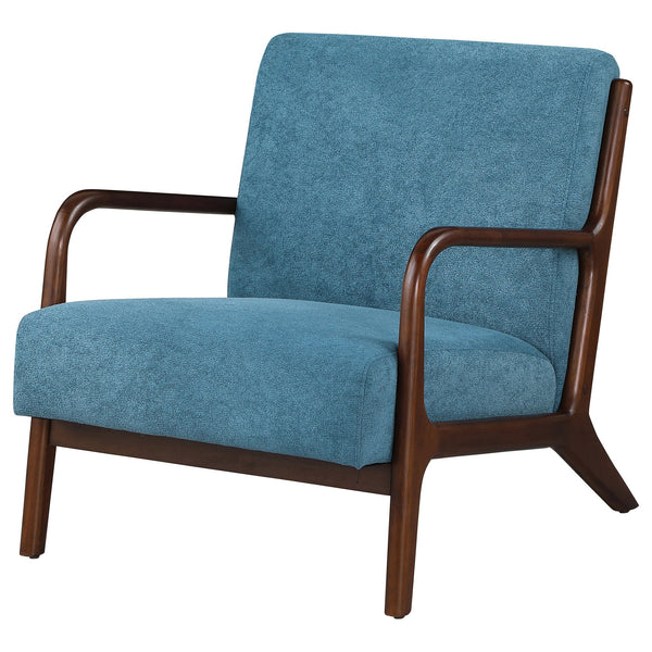 English Elm 1pc Mid-century Modern Accent Armchair with Curved Wood Frame, Soft Upholstery, Splayed Legs for Cozy Spaces Blue,Cappuccino 32 L x 31 W x 18.25 H B011P308536