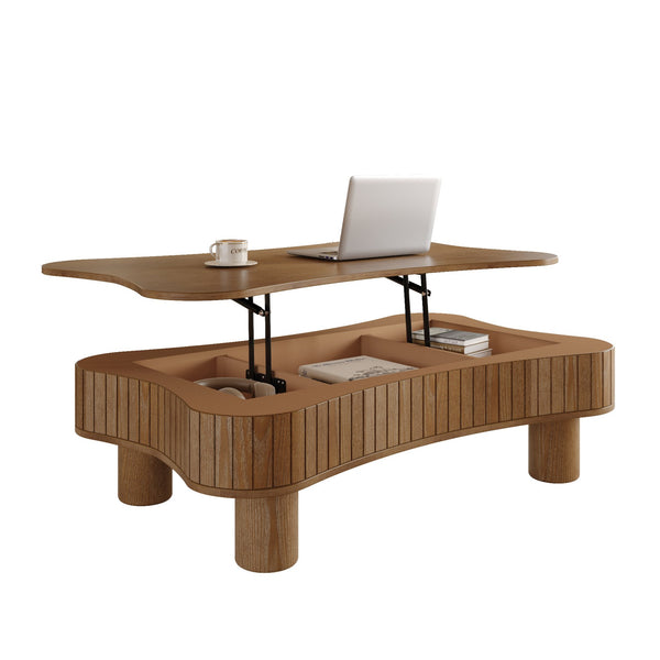 English Elm Lift Top Coffee Table with Silent Hydraulic Lift, Fluted Panels & Hidden Storage, Rounded Corners Walnut W1445P355622