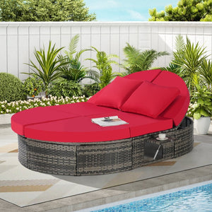 English Elm Outdoor Round Pe Rattan Daybed with Reclining Backrest and Built in Cup Trays Red W874S00082