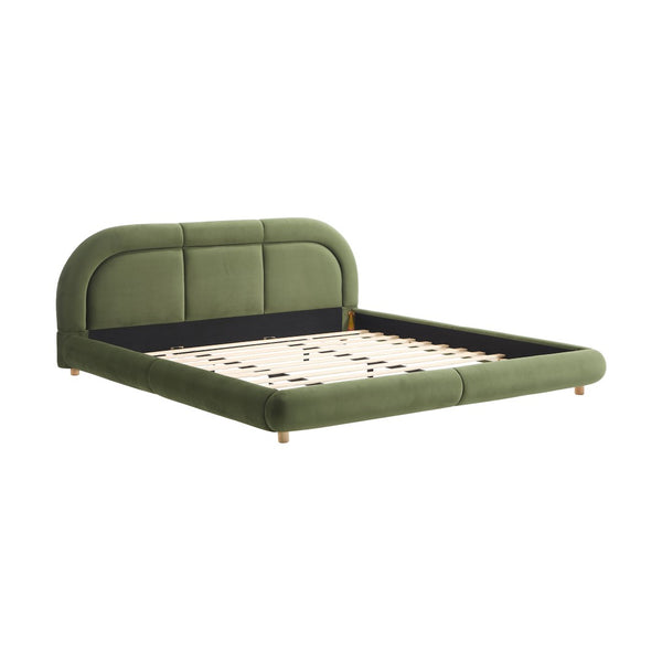 English Elm King Curved Velvet Upholstered Low Profile Platform Bed Sculpted Headboard Modern Green W5632P452163