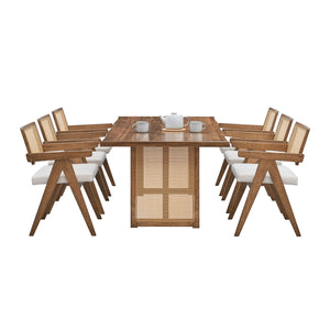 English Elm 86.61 Wave Dining Table 86.61 Inch Oversize Rectangular Rattan Weave Wood Table for 6, Mid‑Century Charm, Durable Rubberwood Legs, Boho Restaurant Ready W2582S00092