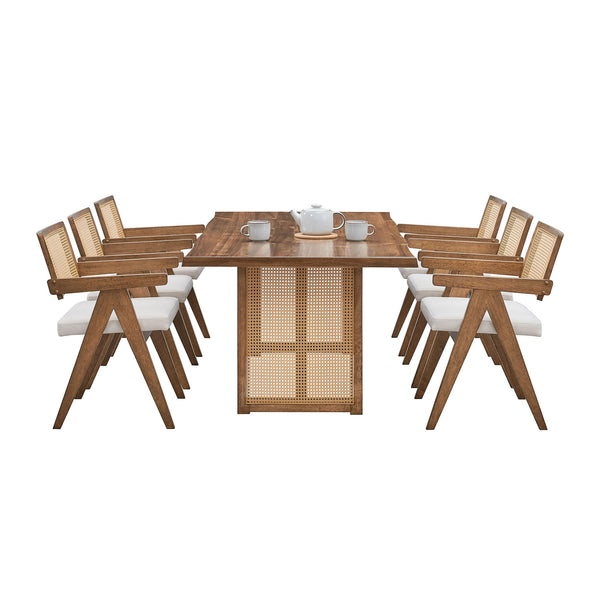 English Elm 86.61 Wave Dining Table 86.61 Inch Oversize Rectangular Rattan Weave Wood Table for 6, Mid‑Century Charm, Durable Rubberwood Legs, Boho Restaurant Ready W2582S00092