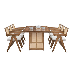 English Elm 86.61 Inch Oversize Rectangular Dining Set,7 Piece s Wooden Dining Table and Chairs,Mid Century Modern Large Kitchen Set For Living Room,Bohemian Dining Table With Rattan Weave For Restaurant,Office,Oak