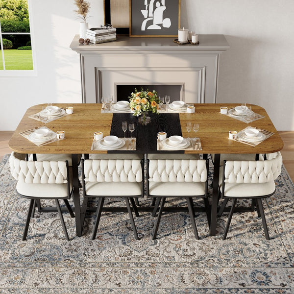 English Elm 9-piece Square Dining Set Velvet Upholstered Chairs Two-tone Tabletop Seats 8 Beige,Black,Wood W3875S00141