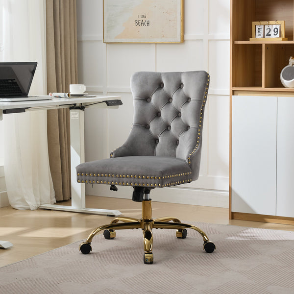 English Elm A&A Velvet Tufted Office Chair with Hand-Pulled Buttons, Nailhead Trim & Golden Metal Base, Luxe Comfort Gray W1143P292468
