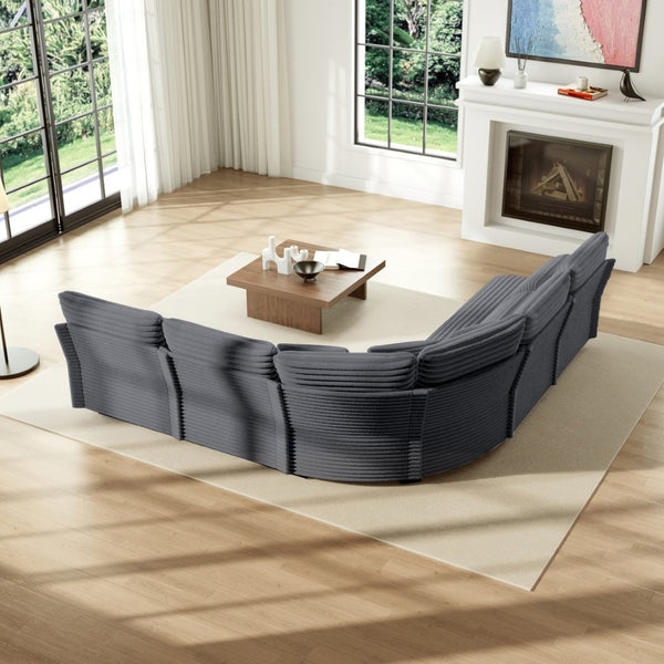English Elm 5-seater Curved Corner Sectional Sofa Ribbed Corduroy Upholstery with Seven Accent Pillows Dark Gray W2606S00016