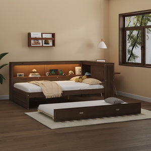 English Elm Full Pine Daybed with Trundle Sliding Storage Shelves Led Lighting and Usb Charging Wood GX004003AAD