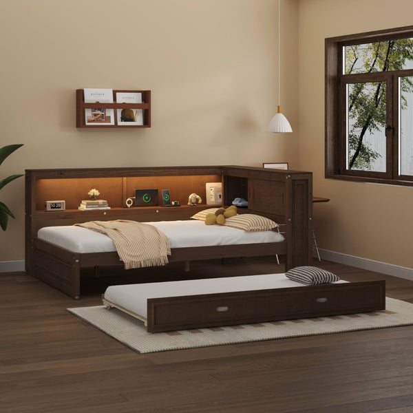 English Elm Full Pine Daybed with Trundle Sliding Storage Shelves Led Lighting and Usb Charging Wood GX004003AAD