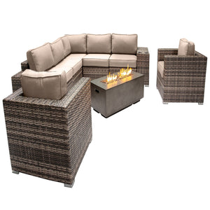 English Elm 6-Person Luxury Patio Seating Set with Concrete Fire Pit, HDPE Wicker, Plush Cushions, Turnkey Outdoor Retreat Grey B120S00105