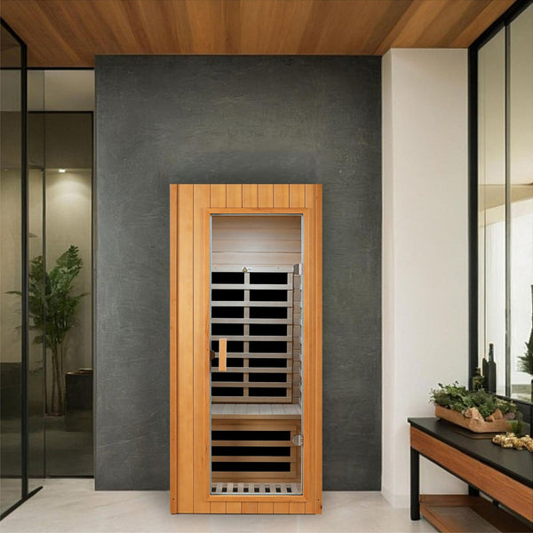 English Elm Hemlock Wood Single Person Far Infrared Sauna with Bluetooth and Lcd Controls W2611P168588