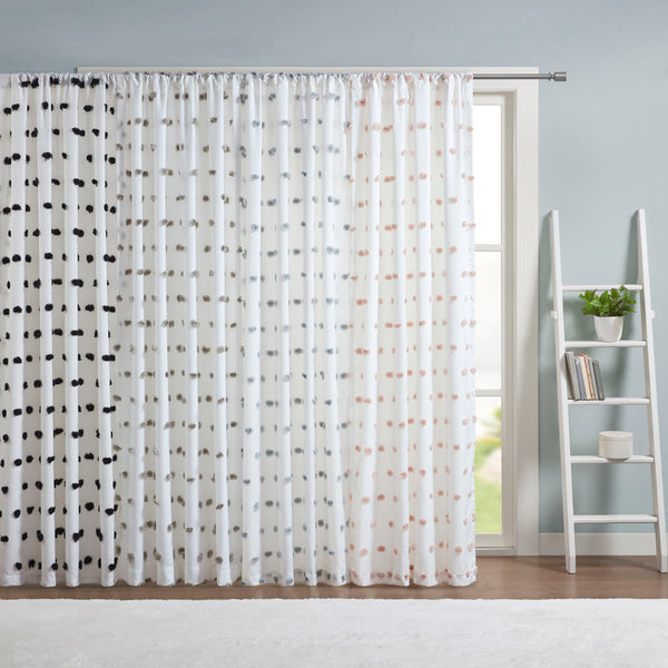 JLA Home Intelligent Design - Pom Pom Sheer Curtain Panel with Clipped Pom-Pom Polka-Dot Texture, Light-Filtering Rod-Pocket Elegance 84 L x 50 W x 0.13H ID40-1798