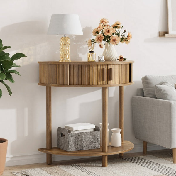 English Elm 31.5-inch Half Moon Grooved Walnut Console Farmhouse Entryway Table with Open Shelving W1706P447027