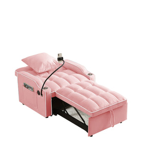 English Elm 3-in-1 Sofa Bed with USB & Cup Holders, Velvet Convertible Sleeper Chair with 3 Angles for Small Spaces Pink W1359P336108