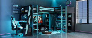 English Elm L-shaped Gaming Loft Bunk Bed Twin Wood Frame Rgb Lighting Usb Ports Storage Shelves Blue LT000295AAC