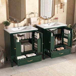 English Elm Christopher Knight Home® - 60" Bathroom Vanity Double Sink Freestanding Set with Ceramic Tops, Ample Adjustable Storage Green N759S313313F