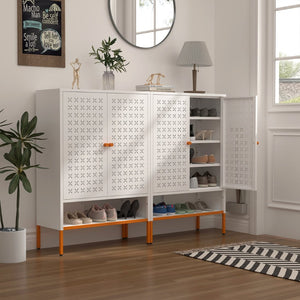 English Elm Modern Entryway Shoe Cabinet with Butterfly Doors Ventilated Shelves Steel Handle W1247P257578