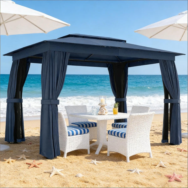 English Elm Double-roof Steel Gazebo with Upf Canopy Curtains and Mesh Panels for Outdoor Privacy Black+Blue,Dark Gray T3971P459088