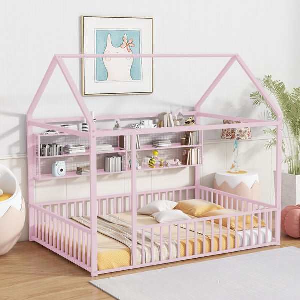 English Elm Full Metal House Bed Frame Full Size with Built-In Fence and 4 Grid Shelves for Durable Storage and Style Pink N737P175361H