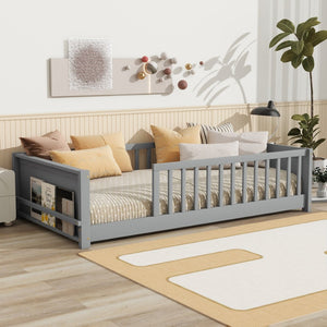 English Elm Twin Floor Platform Bed With Book Rack - Cozy Grey Design, Safe Low Profile, Easy Assembly & Storage W504P345764-GIGA