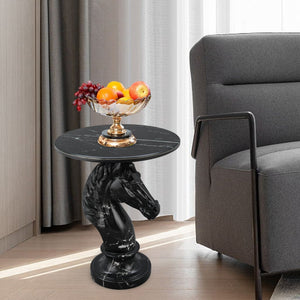 English Elm Horse Head Sculpted Resin End Table with Faux Marble Top for Bold Living Rooms Black W5398P454679
