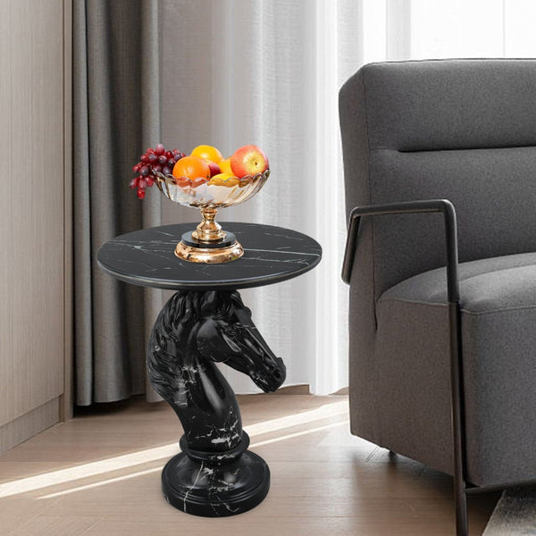 English Elm Horse Head Sculpted Resin End Table with Faux Marble Top for Bold Living Rooms Black W5398P454679