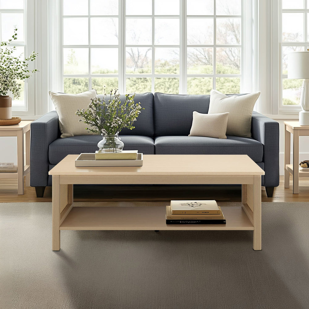 JLA Home 510 Design - 2-Tier Coastal Modern Coffee Table with Rattan Sides, Oak Finish, Open Shelf Storage & 75 lb Capacity FUR120-0054