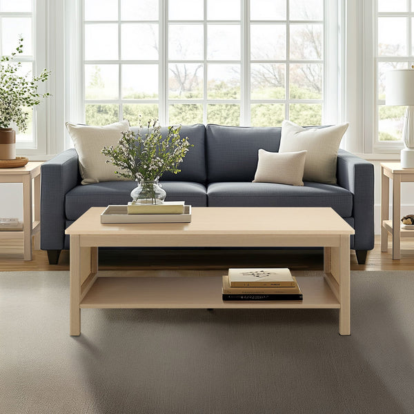 JLA Home 510 Design - 2-Tier Coastal Modern Coffee Table with Rattan Sides, Oak Finish, Open Shelf Storage & 75 lb Capacity FUR120-0054