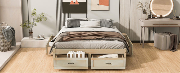 English Elm Queen Platform Bed with Six Storage Drawers Low Profile Frame for Modern Bedrooms Antique Natural N708P263022N-1