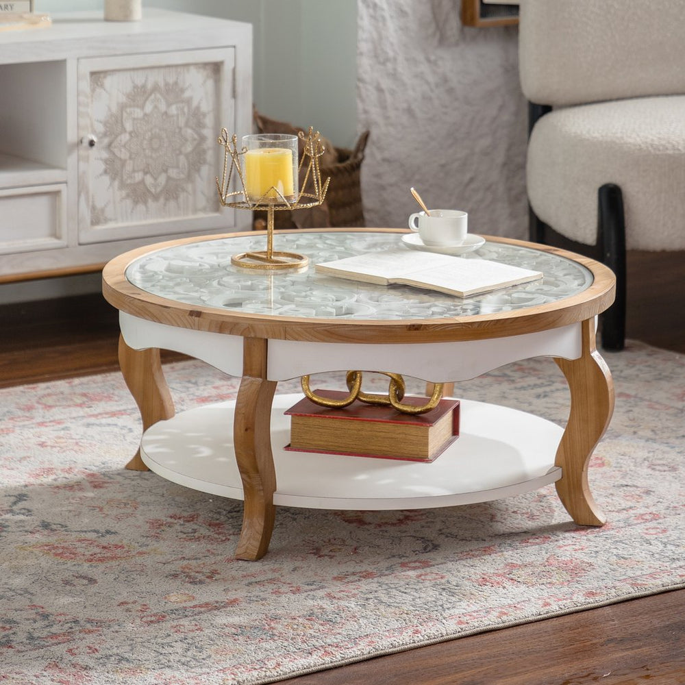 English Elm Round Wood Coffee Table with Removable Tempered Glass Top, Solid Carved Surface, Curved Legs, Space-Saving Elegance W3158P369809