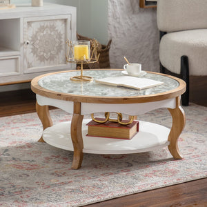 English Elm Round Wood Coffee Table with Removable Tempered Glass Top, Solid Carved Surface, Curved Legs, Space-Saving Elegance W3158P369809