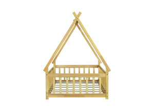 English Elm Twin Tent-Shaped Floor Bed With Guardrails – Cozy Teepee Design For Safe, Imaginative Sleep Space W504P345777-GIGA