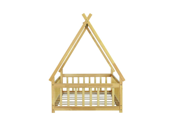 English Elm Twin Tent-Shaped Floor Bed With Guardrails – Cozy Teepee Design For Safe, Imaginative Sleep Space W504P345777-GIGA