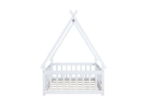 English Elm Twin Teepee Floor Bed With Guardrails - Whimsical White Design For Cozy Child'S Room Decor W504P345781-GIGA