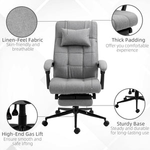 English Elm Vinsetto Executive Linen-Feel Fabric Office Chair High Back Swivel Task Chair With Adjustable Height Upholstered Retractable Footrest, Headrest and Padded Armrest, Light Grey