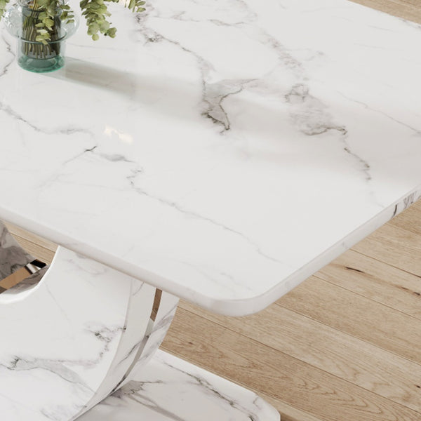 English Elm Table And Chair Set - Modern Marble Pattern Mdf Dining Set With 6 White Pu Chairs For Elegance W1151S02182-GIGA