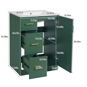 English Elm 24" Modern Bathroom Vanity with Under-Mount Sink, Vertical Stripe Design, 2 Drawers & Soft-Close Cabinet Green N710P288936F