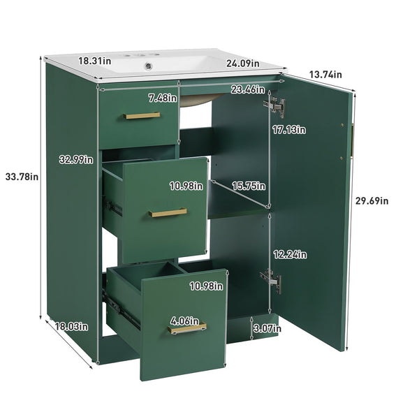 English Elm 24" Modern Bathroom Vanity with Under-Mount Sink, Vertical Stripe Design, 2 Drawers & Soft-Close Cabinet Green N710P288936F