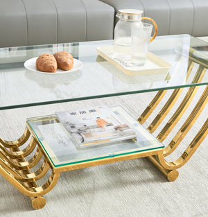English Elm 47" Modern Rectangle Coffee Table With Double-Layer Glass Shelves, Stylish Gold Frame & Storage Solution W2978S00013
