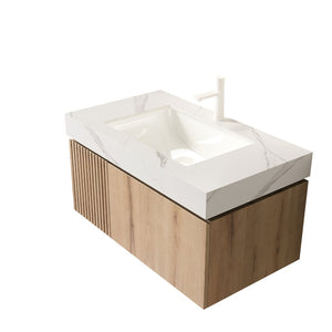 English Elm Muri Floating Bathroom Vanity Plywood Cabinet Sintered Stone Top White Oak Grain W2615S00623