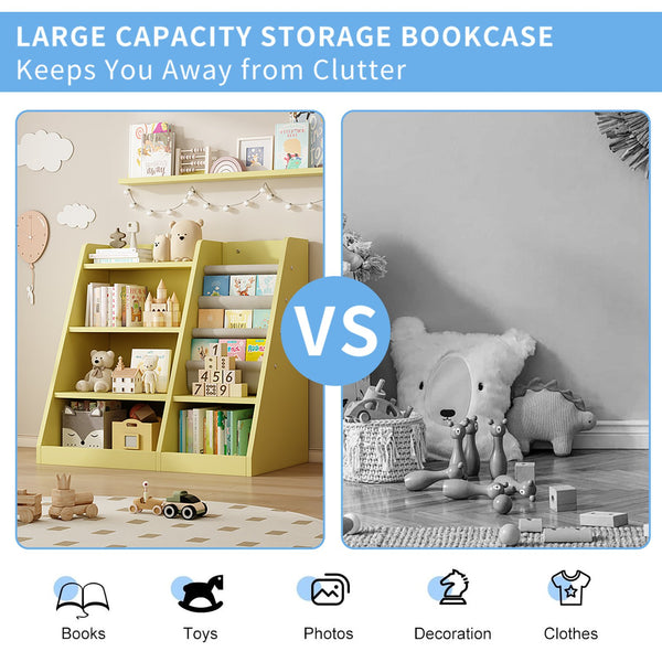 English Elm Yellow Toddler Wooden Bookcase with 4-Tier Sling Pockets Montessori Kids Storage Shelf for Playroom W2876P233539