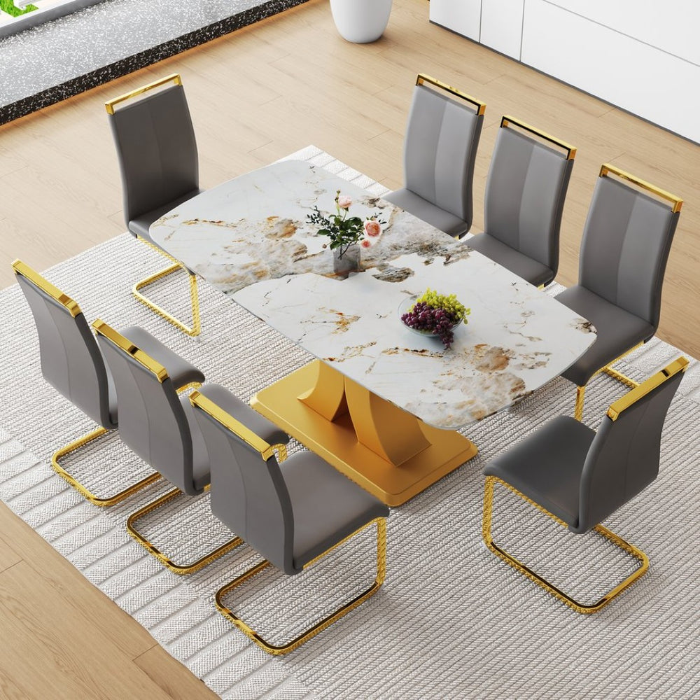 English Elm Table Luxurious 9-Piece Dining Set With Patterned Glass Top And Golden Legs, 8 Dark Gray Pu Chairs W1151S03236-GIGA