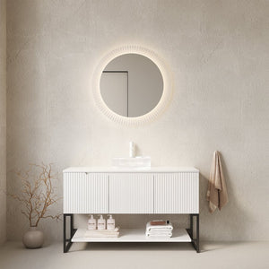English Elm 48" Freestanding Bathroom Vanity Cabinet Sintered Stone Top Woodgrain Finish Open Shelf W2615S00665